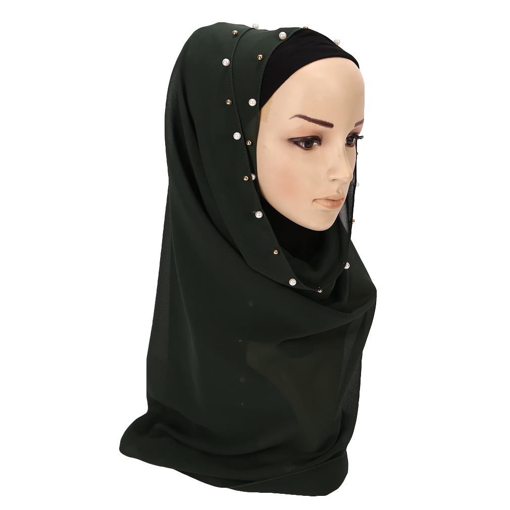 Women's Solid Chiffon Pearl Scarf, Elegant Beaded Hijab Shawl, Muslim Headscarf for Daily/Party