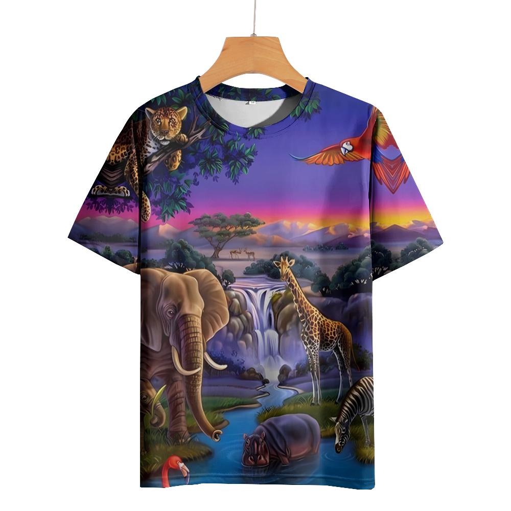 Tričko s kresleným zvířecím potiskem pro muže Trička Starověký les Tričko Outdoor Hip Hop Topy Oblečení Neformální Trička s volným krátkým rukávem