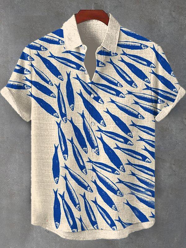 Summer Men's Casual Sea Life Graphic Short Sleeved Shirt Button Down Lapel Shirts Oversized Tops Casual Hawaiian Shirt for Men