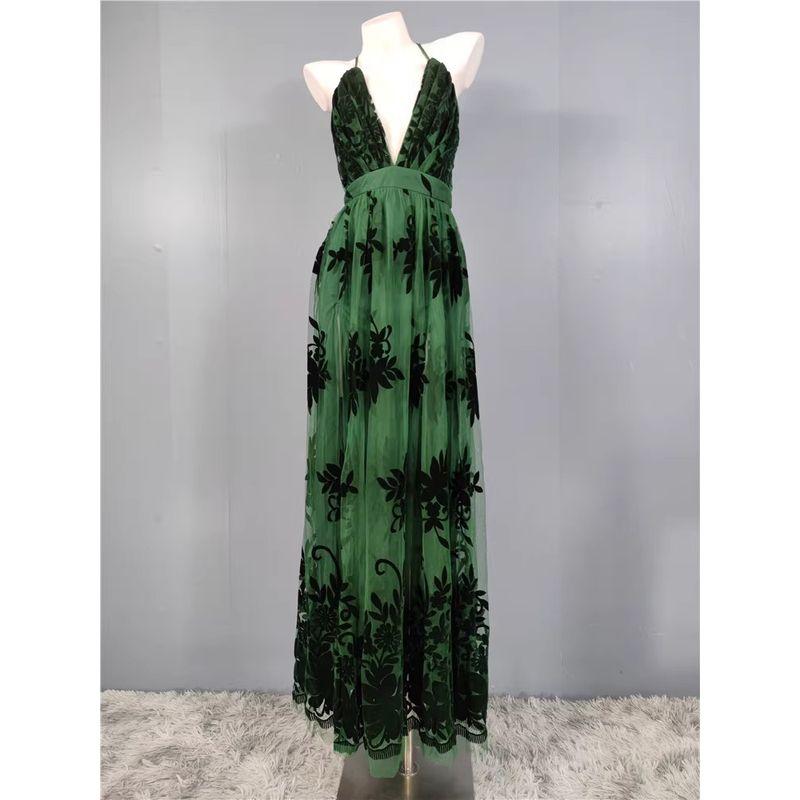 Export Single 2024 Autumn New Arrival Classy Mesh Flocking Deep V Socialite Host Banquet Party Dress Dress