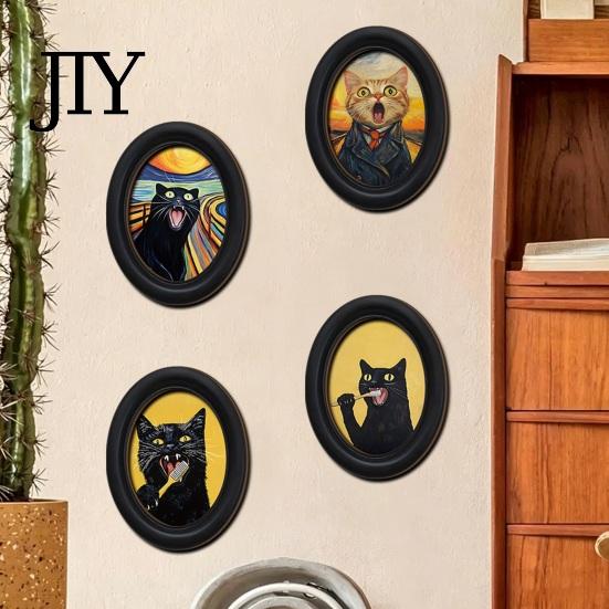 Modern Wood Wall Decoration Abstract Art Cat Decor, Oval 2D Framed Funny Painting Contemporary Birch Print, Vintage Ornament for Living Room