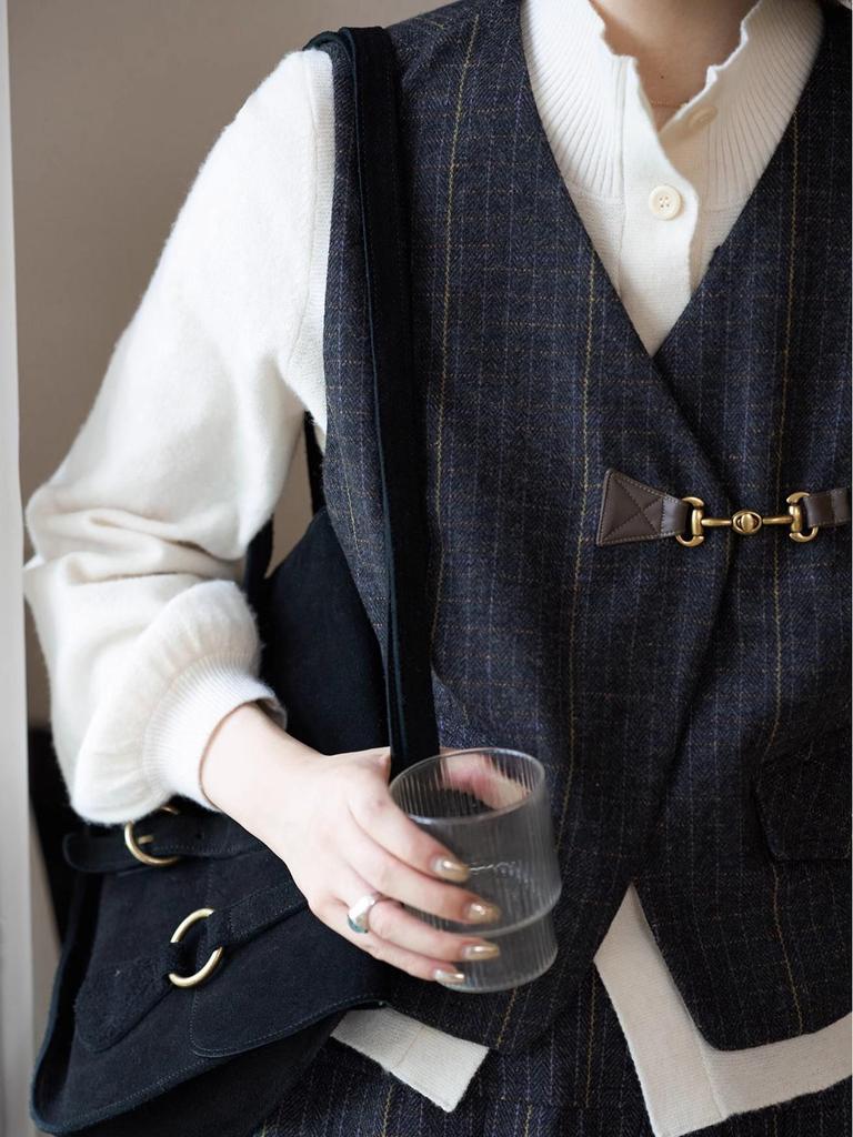 Ink Line Studio "Hogwarts" Retro Plaid Wool Suit & Vest Set with Pleated Skirt