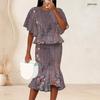 Women Plus Size Printed Round Neck Batwing Sleeve Ruffle Hem Top Fishtail Skirt Two Piece Set