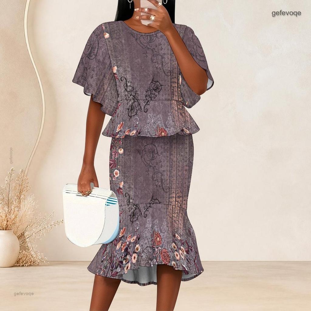 Women Plus Size Printed Round Neck Batwing Sleeve Ruffle Hem Top Fishtail Skirt Two Piece Set