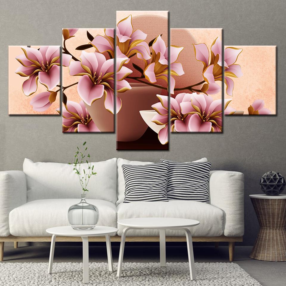 Canvas Painting HD Pink magnolia flowers 5 Pieces Wall Art Painting Modular Wallpapers Poster Print for living room Home Decor