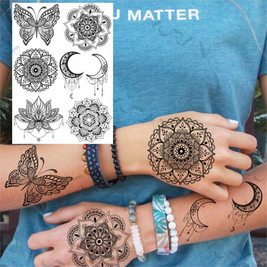 YURAN Women Girl Big Arm Owl Fake Tattoo Temporary Henna India Tatoo Stickers Custom Mandala Flower Black Turtle Tattoos Lace