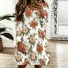 Women Plus Size Scallop V Neck Long Sleeve Floral Printed White Dress