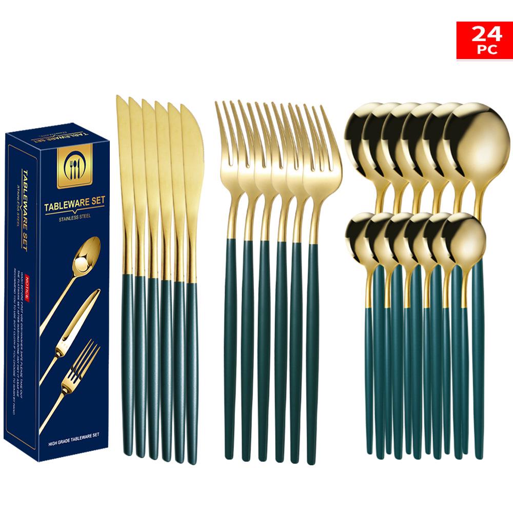 Set tacâmuri din oțel inoxidabil Portugal Gold, 24 de piese: Cuțit de Steak, Furculiță, Lingură de Hotel în Cutie Cadou