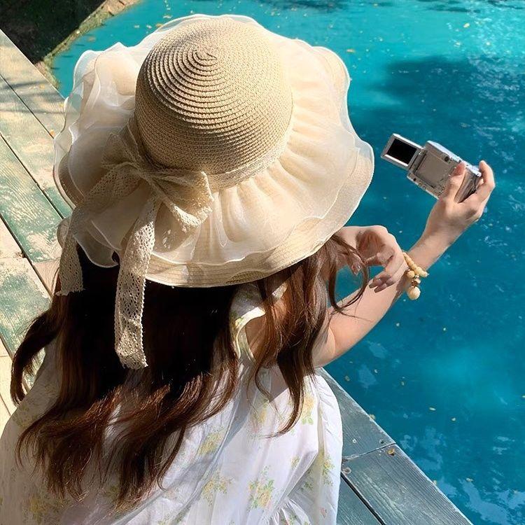 Bow Summer Lace Hat Beach Straw Hat Beach Hat Brim Sun Protection Vacation Sun Hat Sun Hat