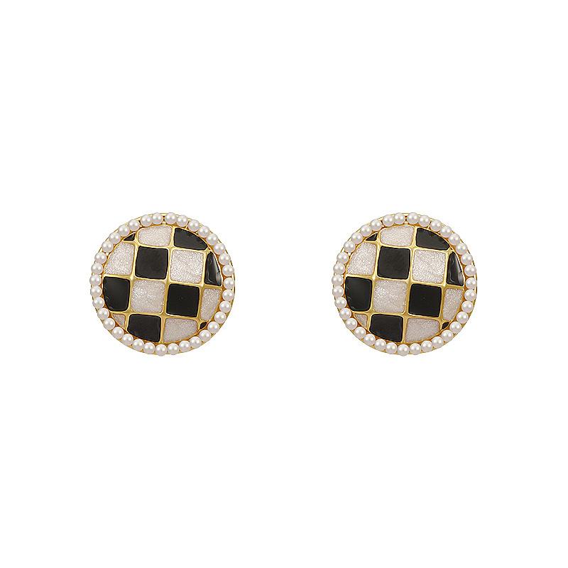 Pearl Checkerboard Earrings Women'S High-End Light Luxury Earrings Personality Temperament Earrings