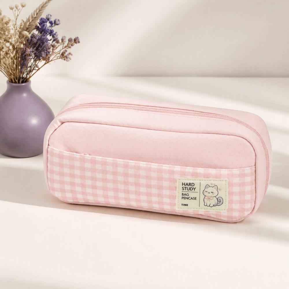 Gingham Check Pencil Case Pastel Color Pencil Pouch Portable Stationery Storage Bag  Back To School