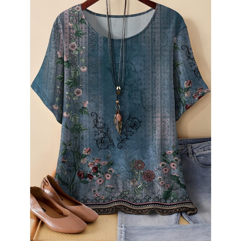 Summer 3D Printed Color Retro Flowers Striped Pattern T-shirt Loose Comfortable Large Size Fashion O-neck T-shirt