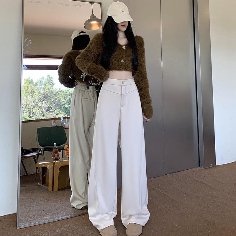 2025 Autumn/Winter Women's High-Waisted Slim Fit Apricot Suit Pants - Flattering Casual Drapey Straight Leg, Versatile Wide-Leg