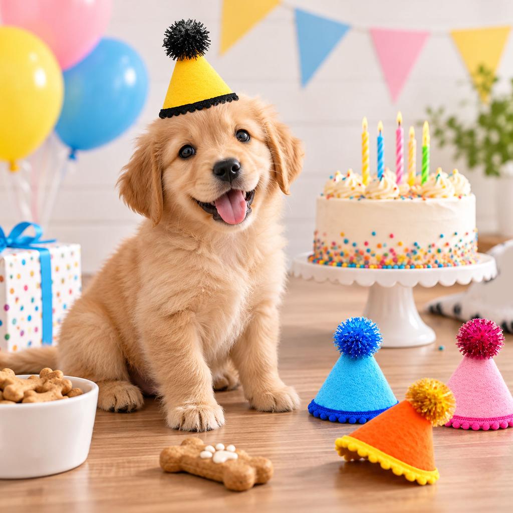 Pet Birthday Hat with Pom Poms for Dogs Cats and Rabbits, Photo Prop Party Decoration