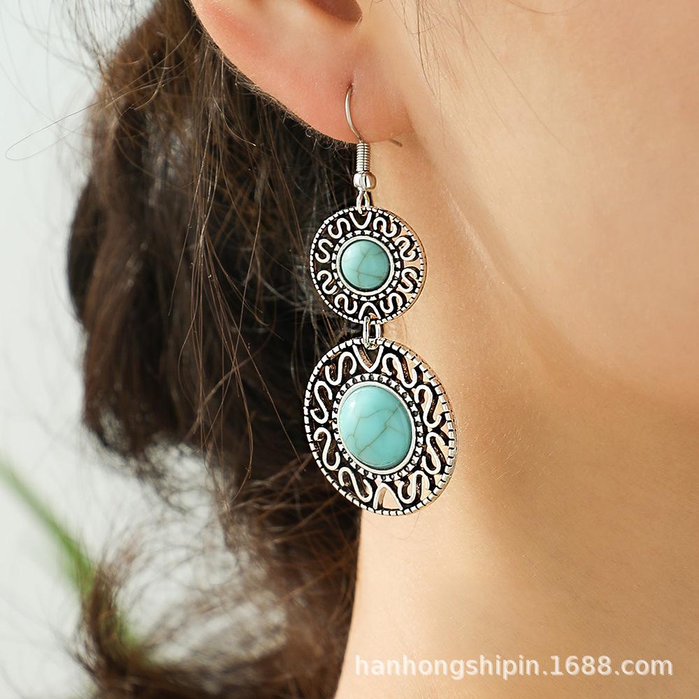 Vintage Earrings Silver Geometric Turquoise Drop Earrings Bohemian Dangle Jewelry for Women