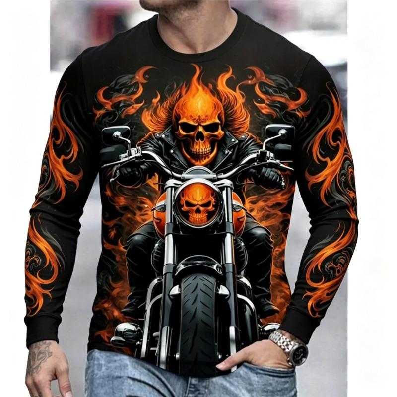 Men's Long Sleeve T-Shirt Skull Motorcycle Flame 3D Print Crew Neck Biker Street Casual Tops