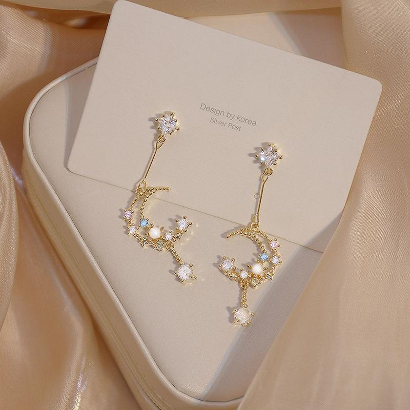 Romantic Inlaid Colorful Cz Pearl Moon Women Earring Charm 14k Plated Gold Transparent Zircon Drop Earring Daily Jewelry Pendant