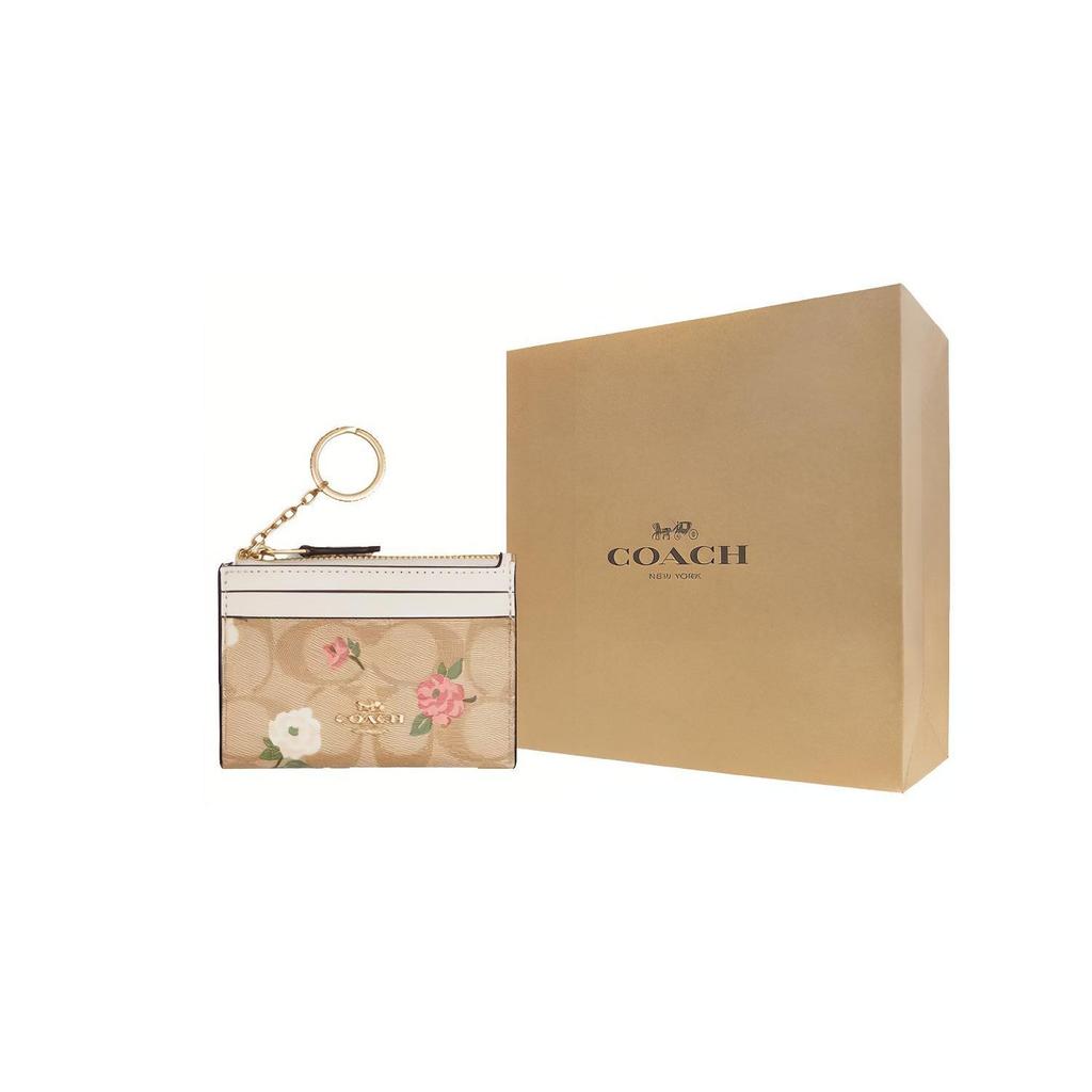Coach Skinny Id Case 11 Floral Print Logo Canvas Wallet Women Wallet Gold Light-Khaki Multicolor CR972-IMOTV