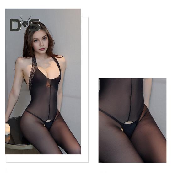 Women Jumpsuit Hollow Out Open Crotch Ultra Thin Skinny Slim Fit Elastic Low-cut Sleeveless Halter Neck Cosplay Honeymoon Wedding Night Jumpsuit