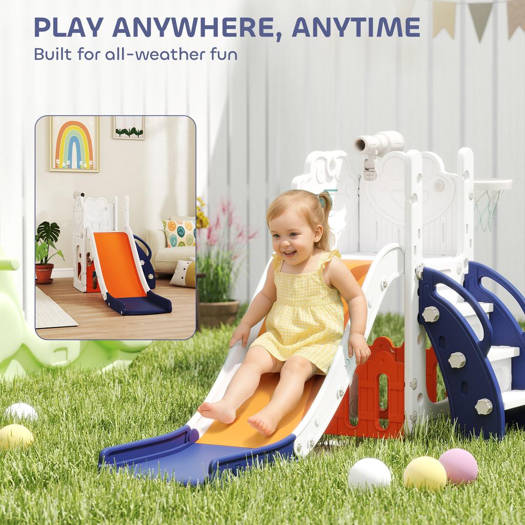 5 in 1 Kids Slide Set with Basketball Hoop, Climbing Frame, Telescope, Storage Box for Toddlers Ages 1-3, Orange
