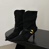 Euro-American Style Suede Slouch Ankle Boots with Pointed-Toe, Metal Buckle, and High Heels for Autumn/Winter 2025.