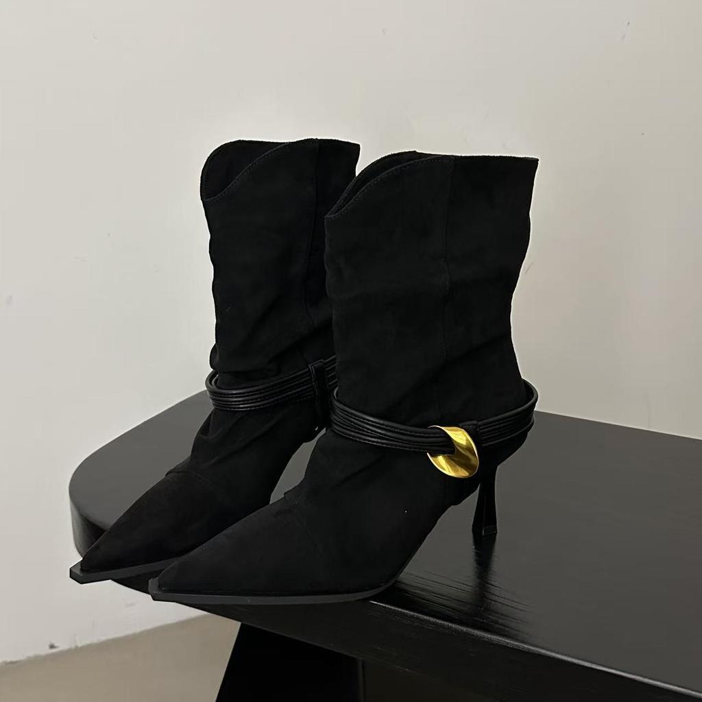 Euro-American Style Suede Slouch Ankle Boots with Pointed-Toe, Metal Buckle, and High Heels for Autumn/Winter 2025.