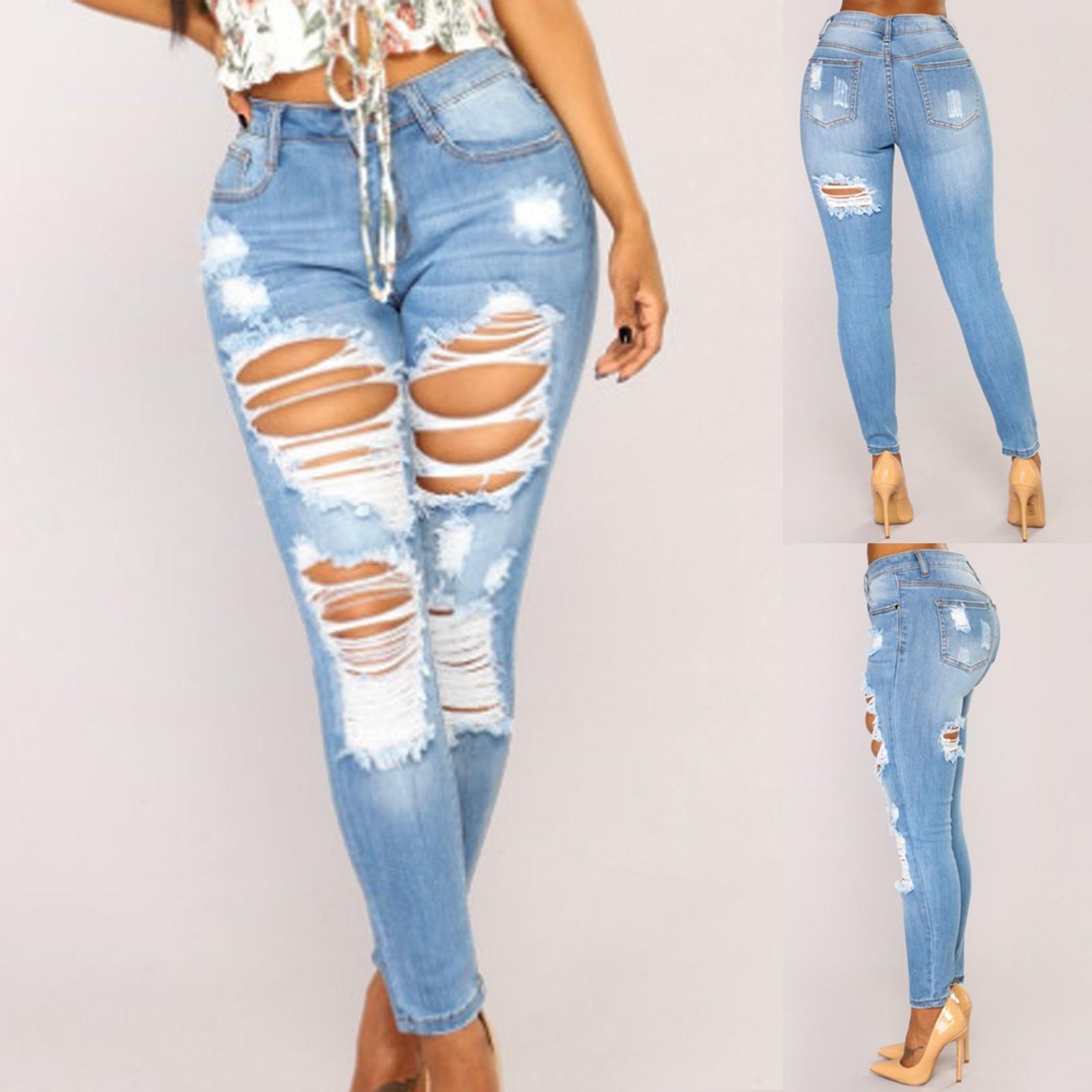 

Женские модные сексуальные рваные джинсы с высокой талией, однотонные узкие джинсы, длинные брюки L синий