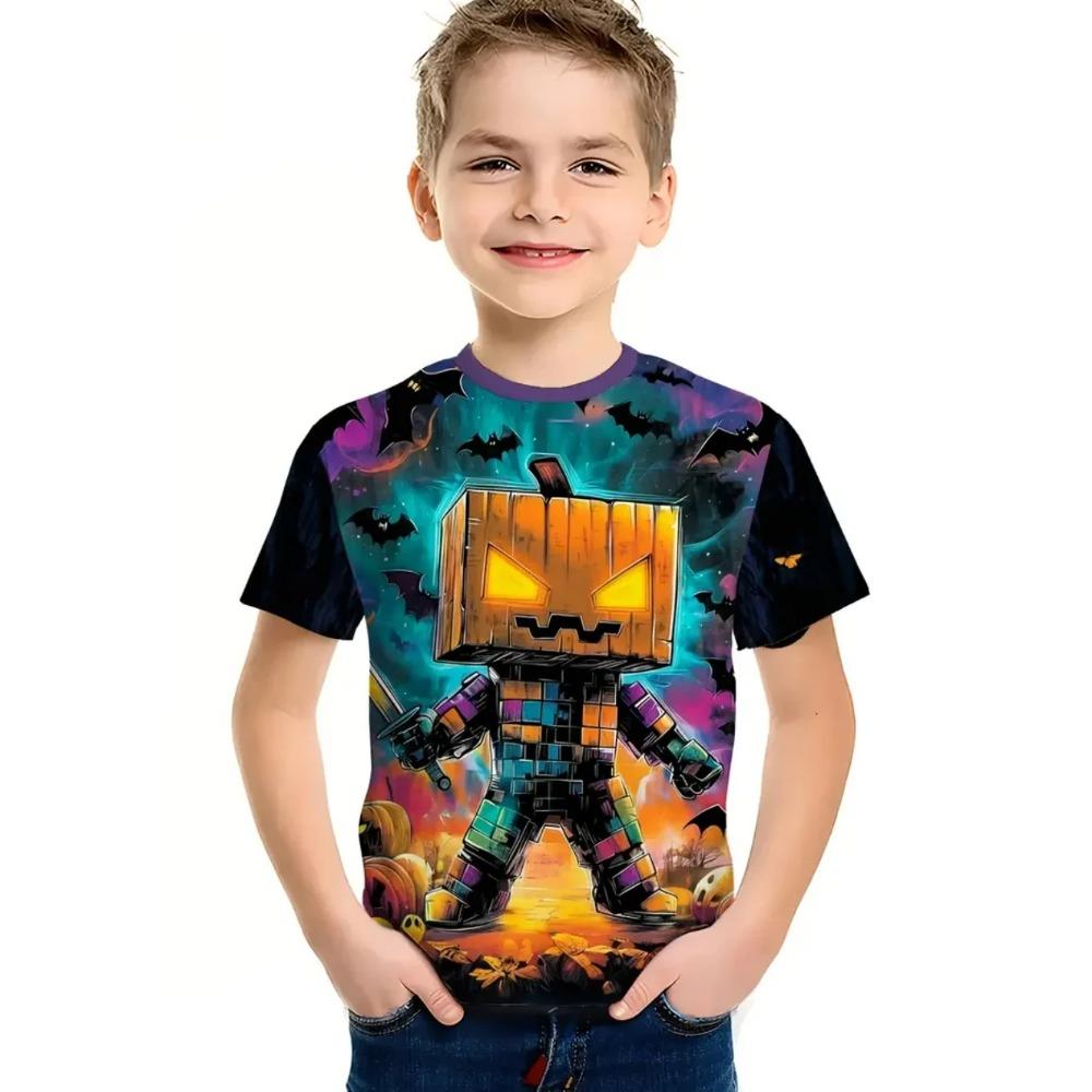 Rundhalsad 3D Robot & Pumpa Grafiskt Tryckta Kortärmade Barnpojks T-shirts - Mjuk Medium Stretch Polyestertyg Sommar Avslappnad Passform Kläder