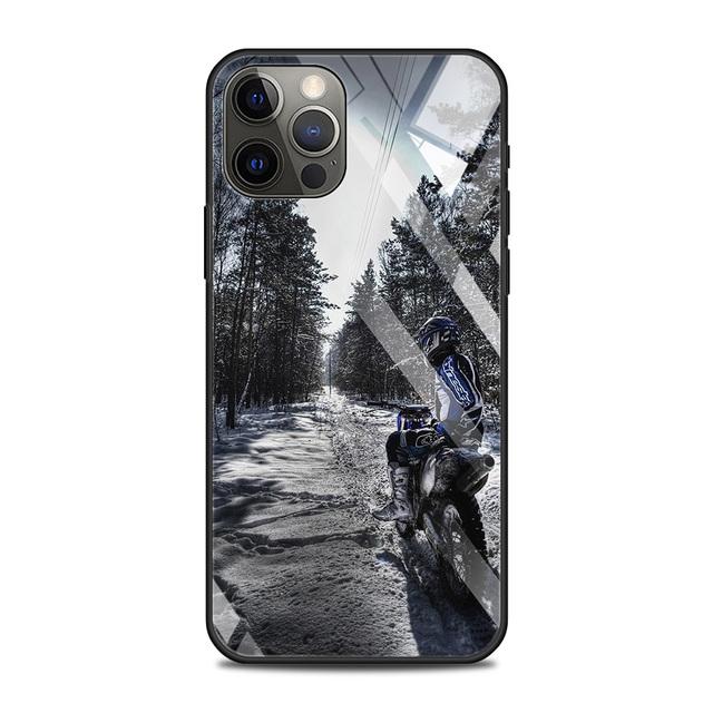 Custodia in vetro temperato per moto da cross e sport per iPhone 12, 11 Pro Max, 13, 12 Mini, Fundas X Xr Xs Max, 8, 7, 6s Plus, Shell Fundas