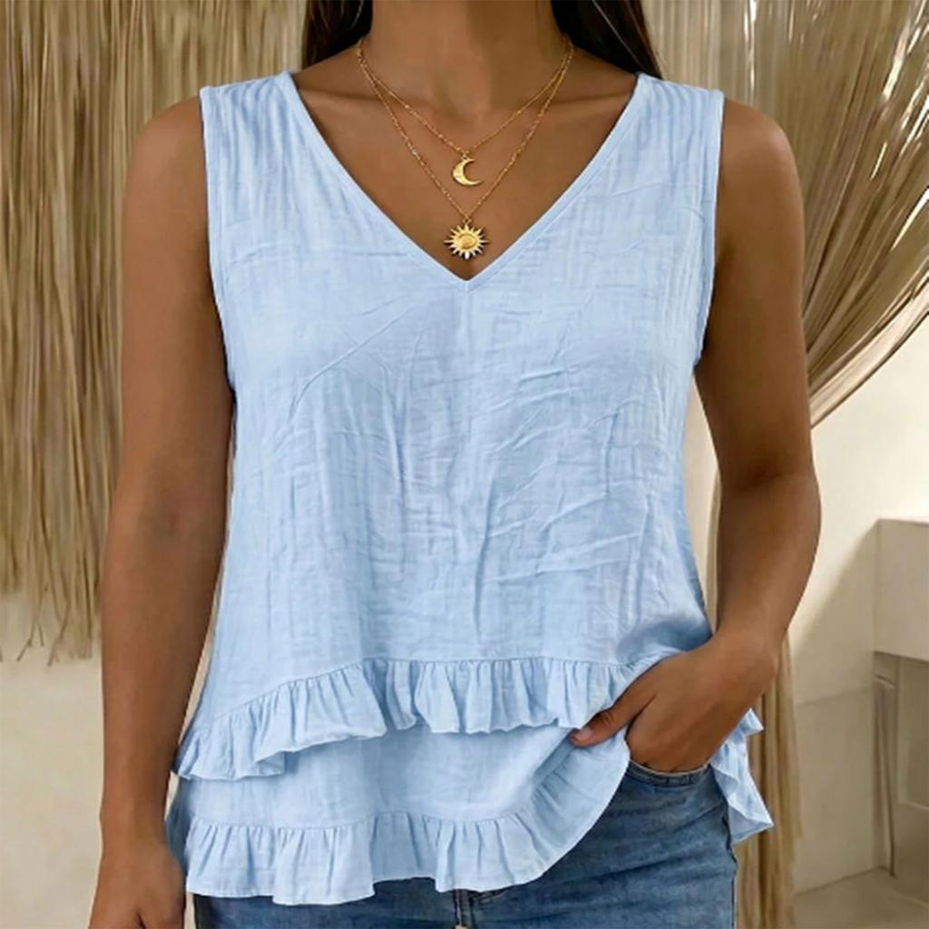 Blusa Estiva da Donna con Scollo a V Senza Maniche Larga con Orlo Arricciato Leggera a Strati Tunica Casual per Uso Quotidiano