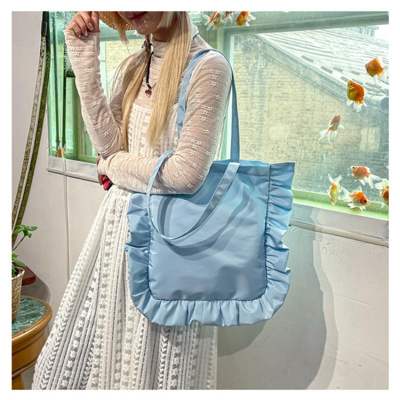 Vintage Women Tote Bags French Style Ruffles Elegant Sac A Main Femme Large Capacity Light Thin Shoulder Bolso Mujer Handbags