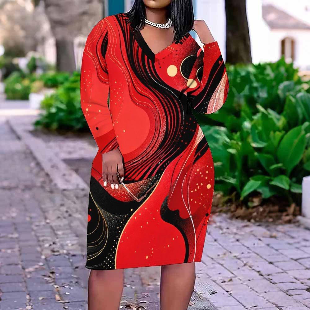 Women Plus Size V Neck Long Sleeve Red Black Printed Fitted Straight Dress