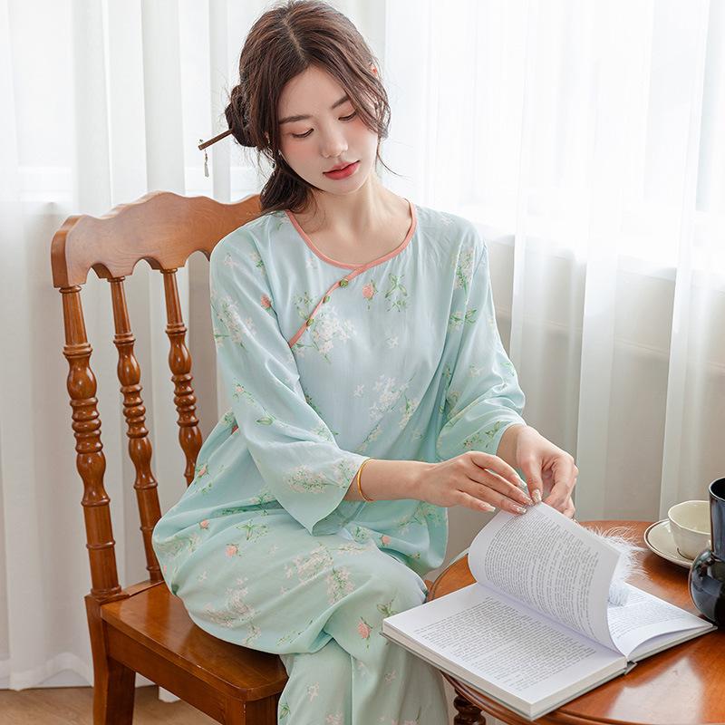 Pajamas women's spring and autumn silk new Chinese loungewear can be worn outside the national style middle-aged and elderly mother's cotton and silk