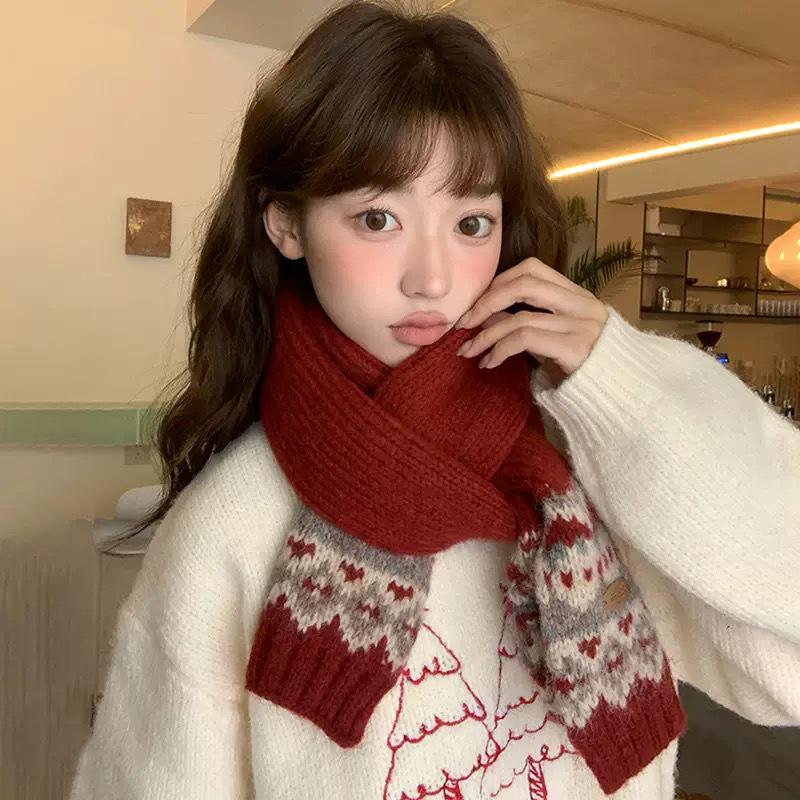 Högkvalitativ Damscarf i Ullblandning med Fair Isle-mönster - Tjock, Varm Stickad Halsduk för Höst/Vinter