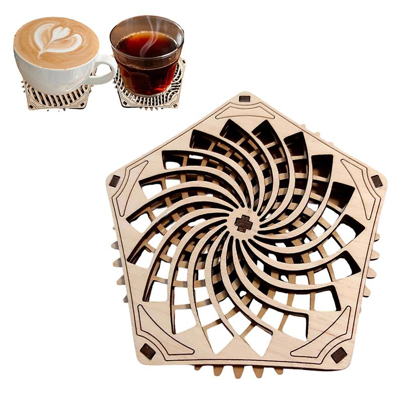 Kinetic Coaster Handmade Unique Pentagram Design Swivel Wooden Coasters Subtle Spiral Texture For Home/Office Decor Gifts