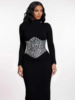 Autumn & Winter Rhinestone Bandage Evening Gown with Long Sleeves