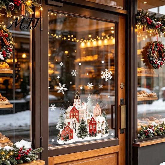 Indoor Outdoor Glass Decor Christmas Static Window Clings, Snowy Town House Snowflake Decals, Reusable Stickers Xmas Stickers, Holiday for Home