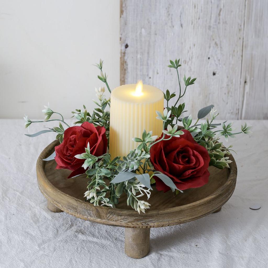 Artificial Rose Candle Ring Pillar Candles Greenery Flower Wreath Seasonal Candle Ring For Wedding Centerpiece Holiday Decor