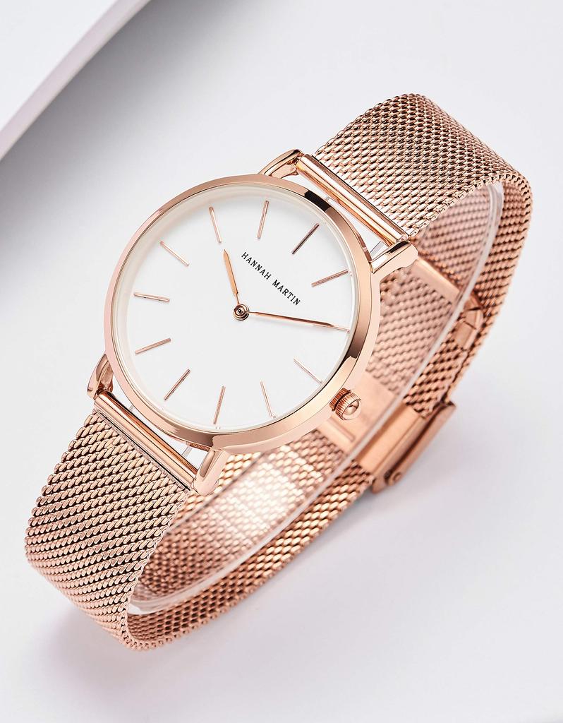 Hannah Martin Wristwatch Stainless Steel Quartz Rose Gold Women's Ultra-Thin (White Dial, Strap)
