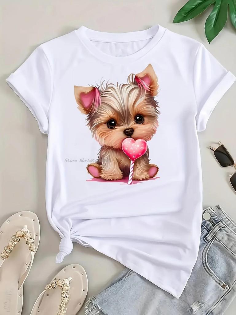 Hot Selling Puppy Print Graphic Tshirt SpringSummer Casual Tops Tees Women Cotton T Shirt New Fashion Casual Tshirt