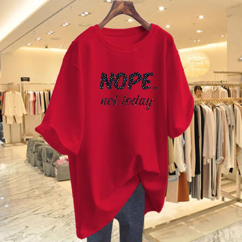 Women's Korean Style Loose Fit Cotton Letter Print T-Shirt, Plus Size, Short Sleeve, Summer Top.