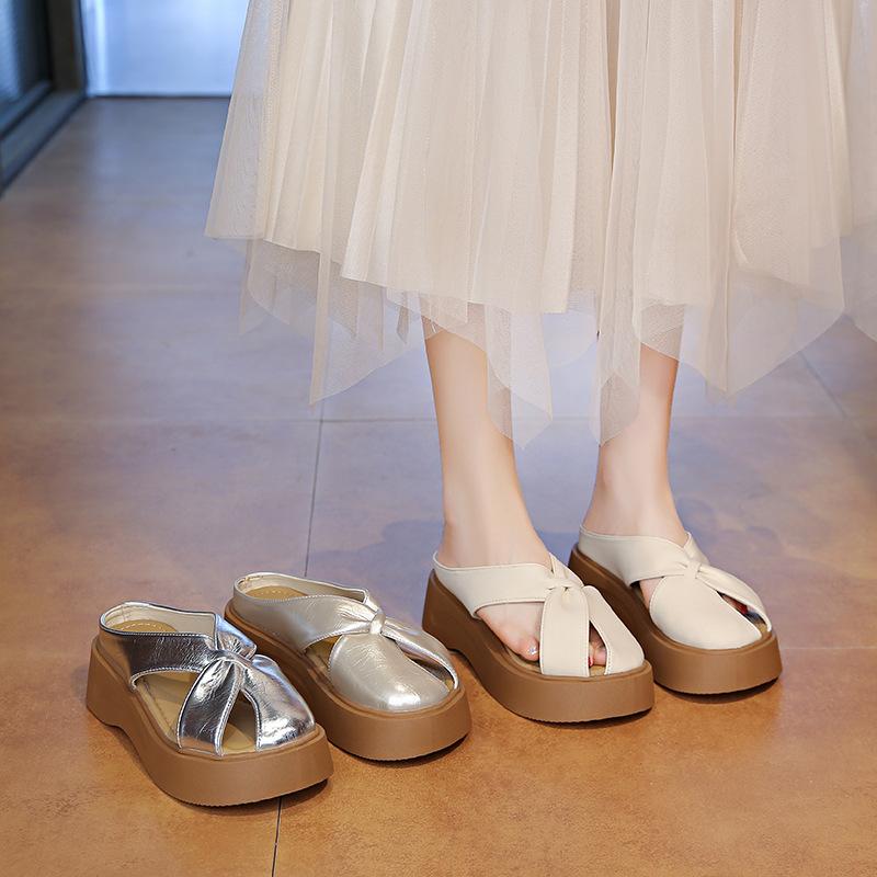 Baotou Hollow Slope Heel Half-drag Sandals Women's Outer Wear 2025 Summer New Temperament Flat Bottom One-word Cool Slippers