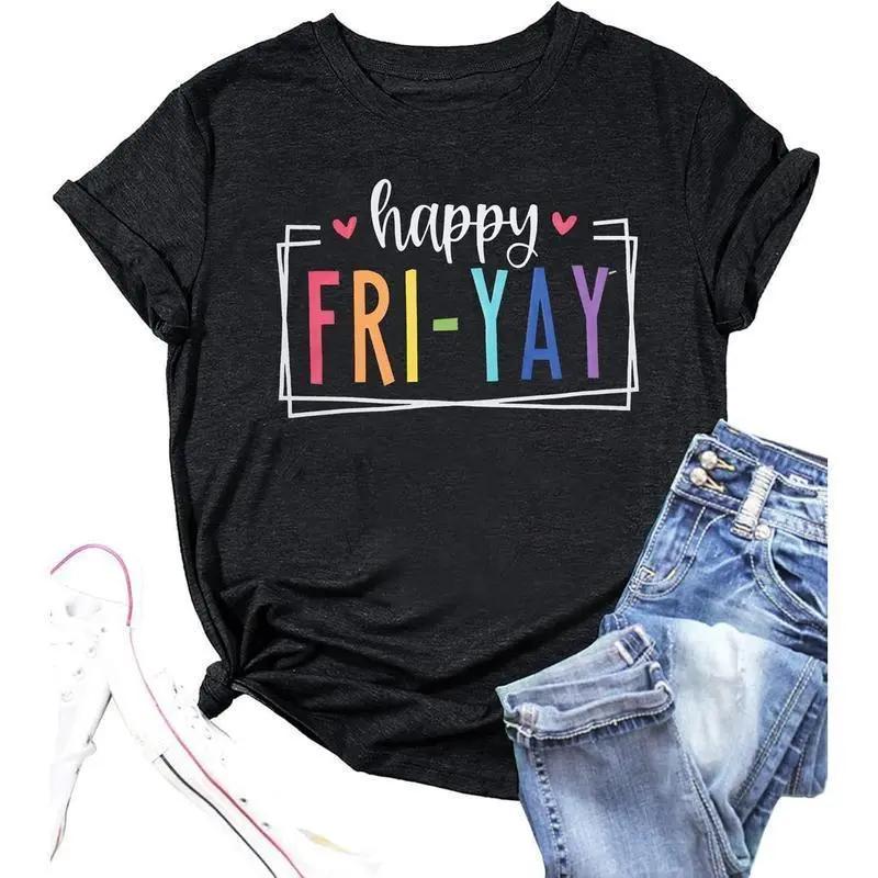Women s Classic Printed Cotton Digital Print Happy Friday Teacher T-Shirt - Funny Friyay Tee Top for Weekend Use, Refer to Size Chart S