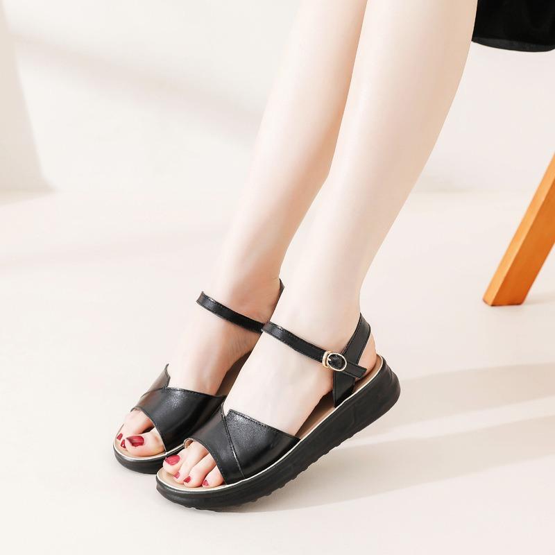 ~~ Mom Sandals Leather Middle-aged and Old Summer Soft-soled Women's Shoes Flat-soled Grandma Non-slip Comfortable Sandals