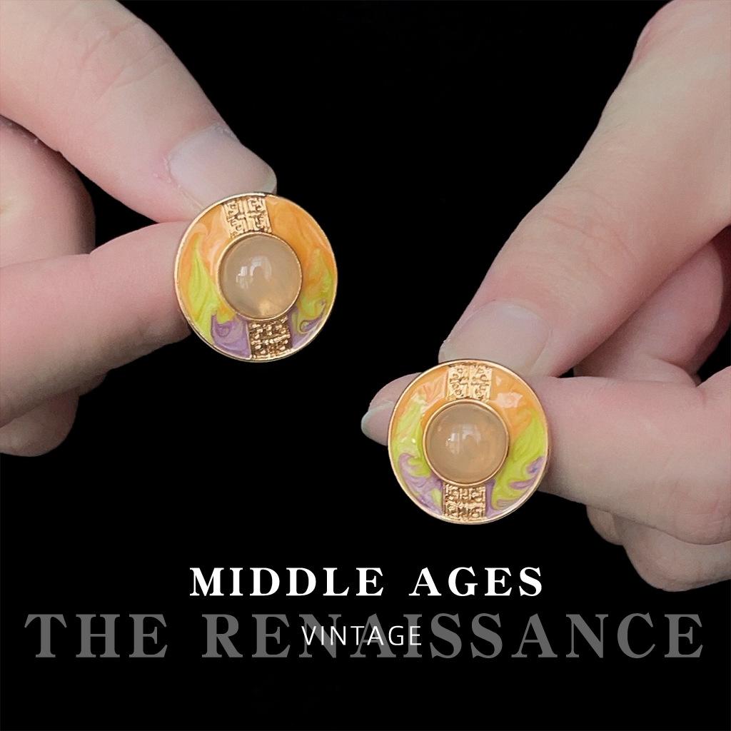 

Enamel oil smudge geometric round stud earrings retro oil painting earrings