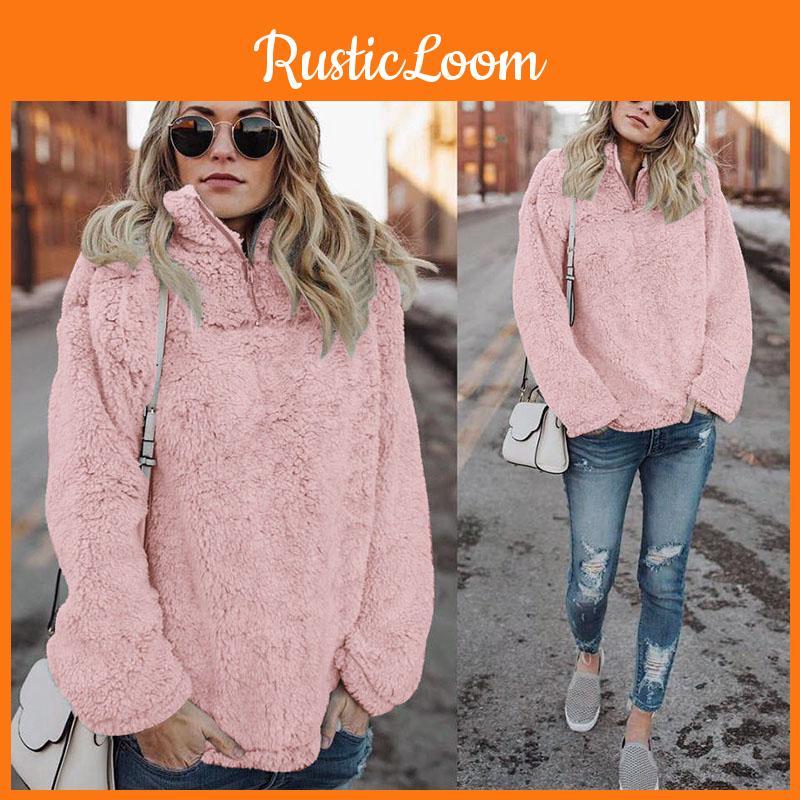 Premium Womens Fleece Fur Hoodie Winter Woolen Thermal Ladies Zip Sweater Blouse