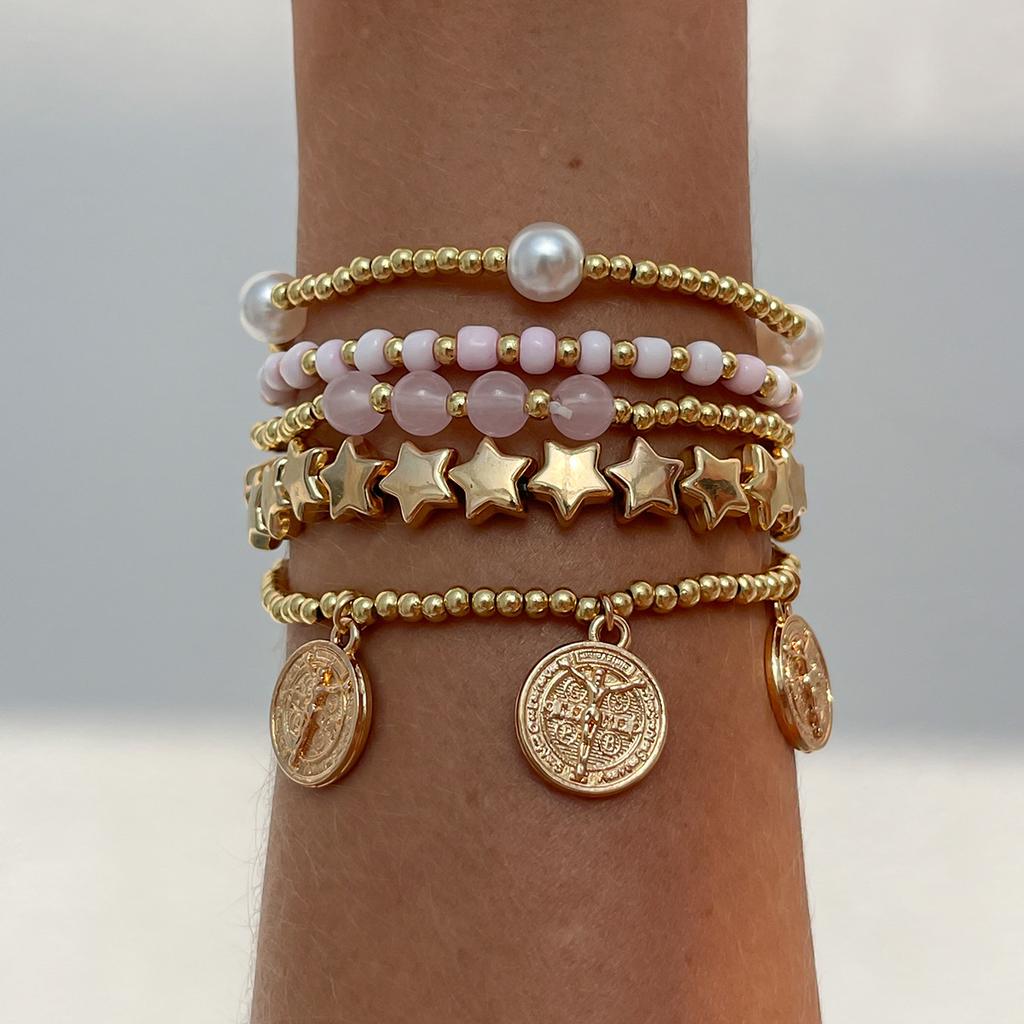 Bohemian Pentagram Beaded Elastic Bracelet, Fashionable Metal Tag Imitation Pearl Bracelet.