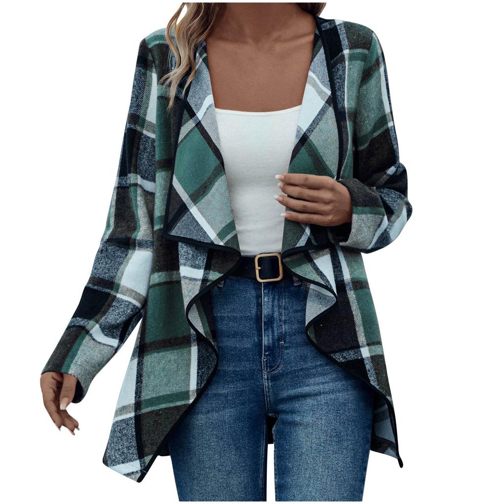 Ladies' Plaid Printed Fashionable Long Sleeved Jacket Cardigan