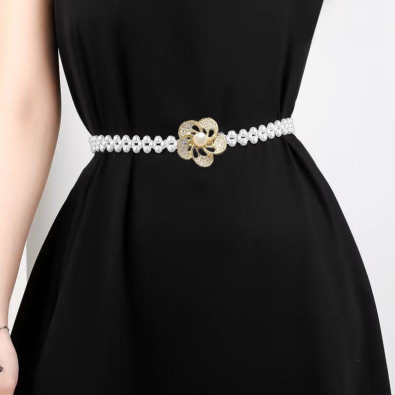 New Double Row Flying Butterfly Pearl Waist Chain Elastic Belt Ladies Dress Decor Flexible Adorn Elegant Glitter Stylish