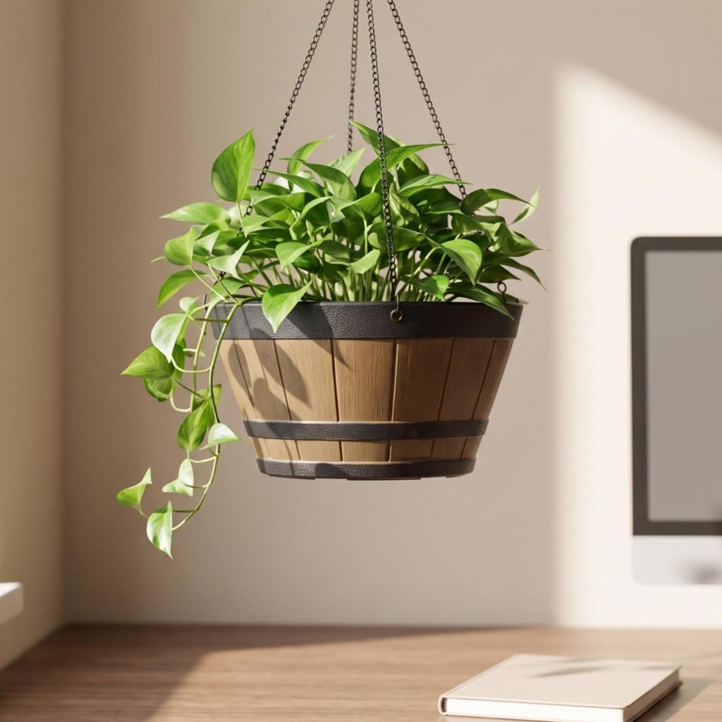 Hanging Planter with Wood Grain Farmhouse Barrel Resin for Patio, Garden